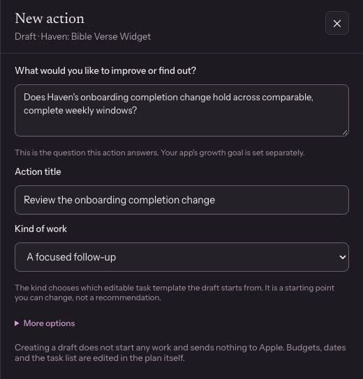 Real Indevaro New action form for Haven, filled with the proposed onboarding review question and title. The form has not been submitted.